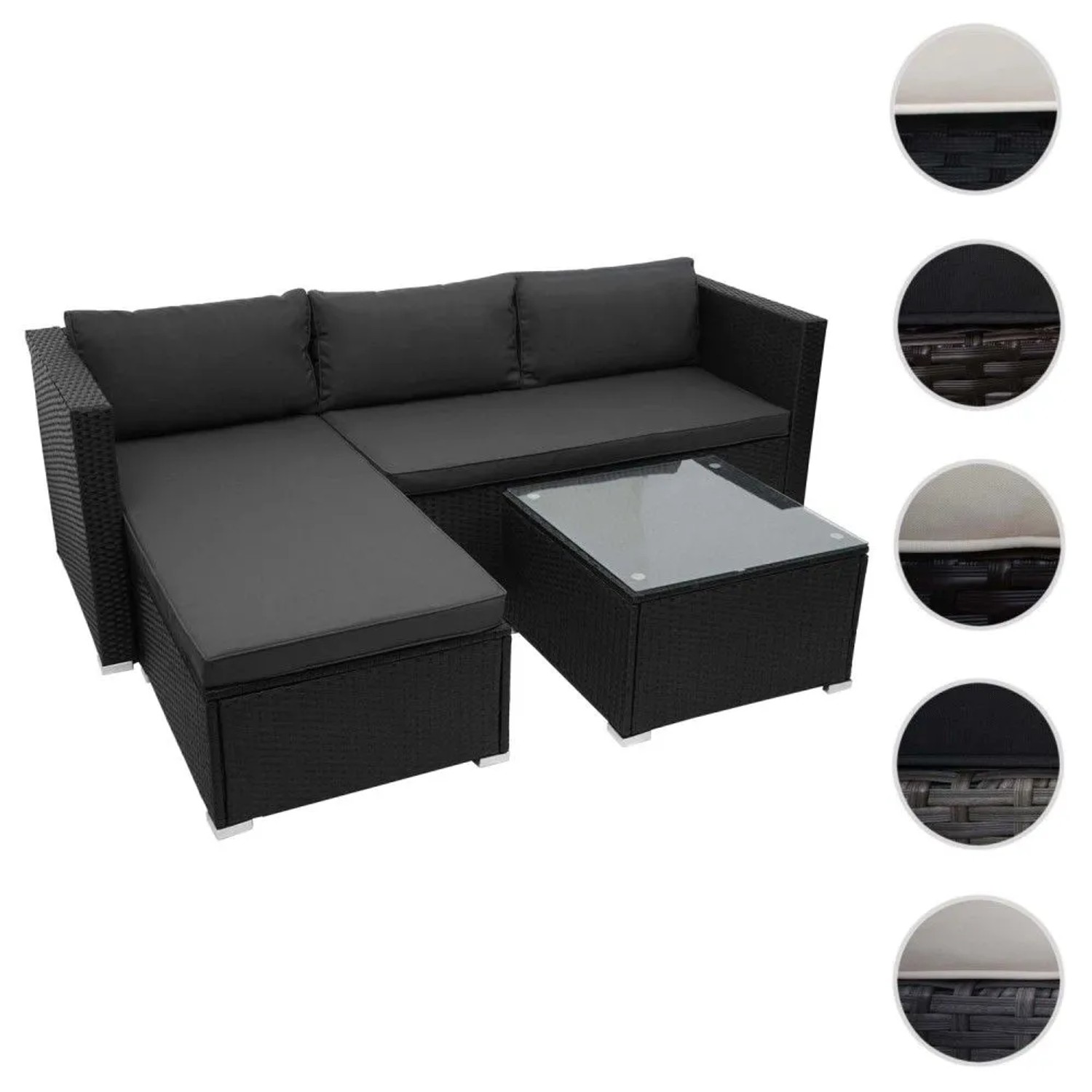 Schwarze Poly-Rattan Gartenmöbel Garnitur mit L-Sofa, dunkelgrauen Kissen und Glastisch für Terrasse & Balkon.