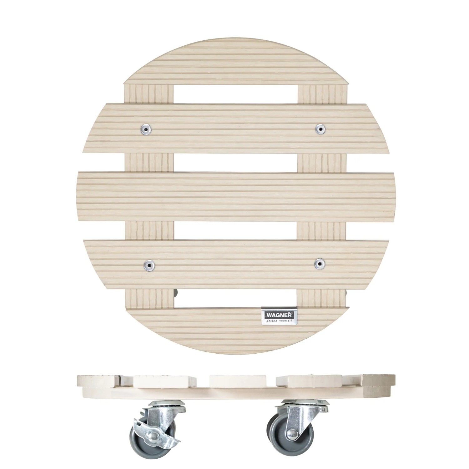 Wagner Multi Roller, Rolluntersetzer aus WPC, Ø 290 mm, mit 4 Rollen und Feststellern.