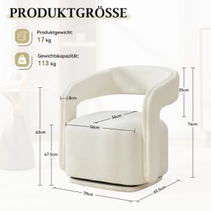 Weißer Chenille Loungesessel, 360° drehbar. Produktmaße und Gewichtskapazität 113 kg. Für Wohnzimmer, Leseecke.