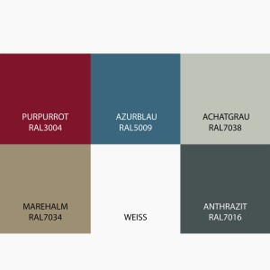 Farbmusterkarte Bondex Wetterschutz-Farbe mit Farbtönen Purpurrot, Azurblau, Achatgrau, Marehalm, Weiss und Anthrazit.