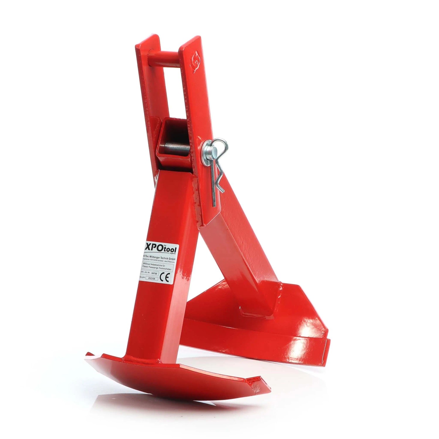 Rote XPOtool Hebeklemme aus Stahl für Fässer, vertikal, bis 500kg. Fasszange für sicheres Heben.