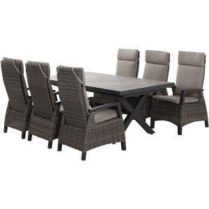 Siena Garden Gartenmöbelset Corido, 7-teilig: 6 Sessel Move, 1 Ausziehtisch. Lounge-Gartenmöbel mit grauem Geflecht.