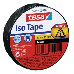 Schwarzes Tesa Iso Tape, 10 m x 15 mm, zum Isolieren von elektrischen Leitungen.