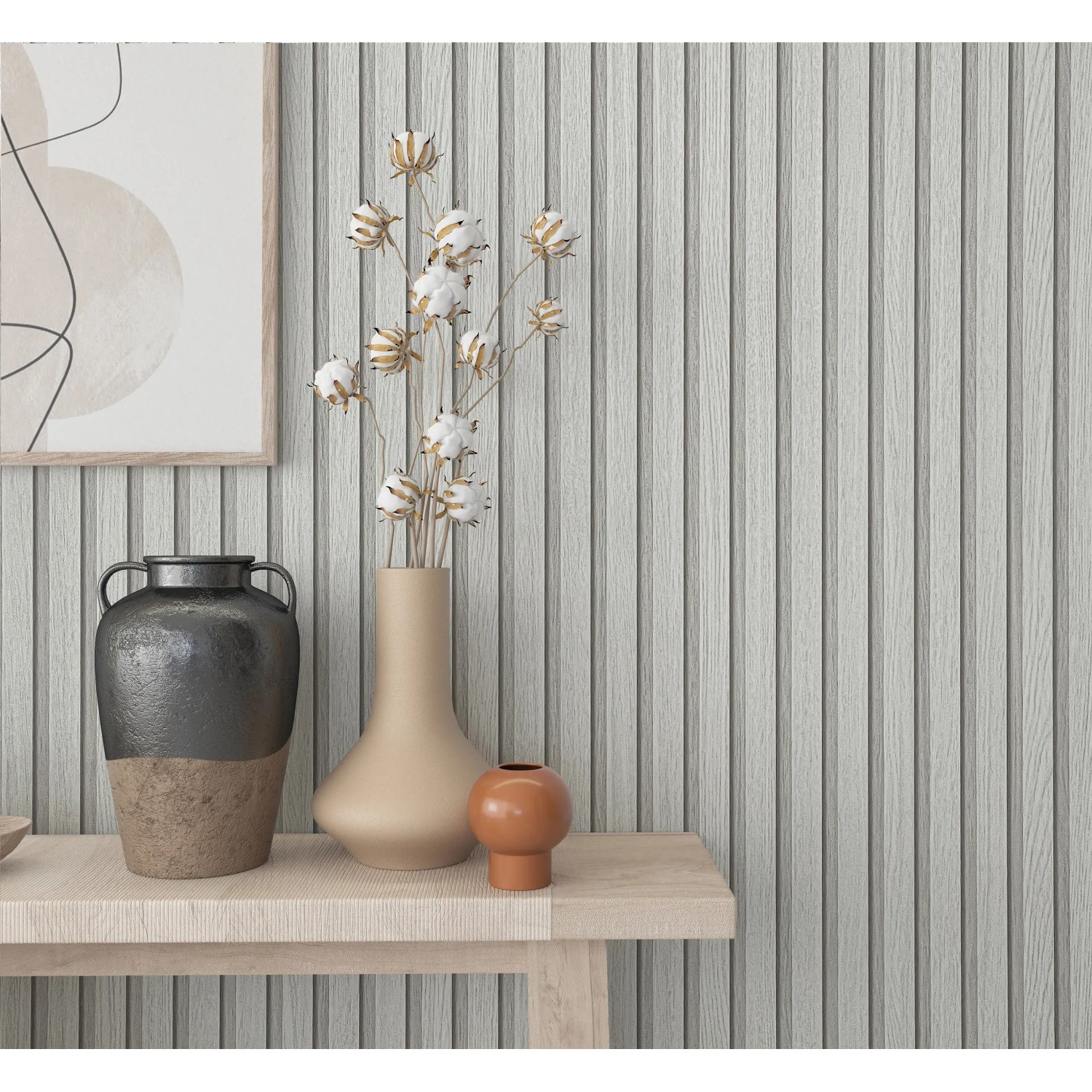 Marburg Vliestapete Botanica 2, Holzoptik grau-beige, Streifenmuster an Wand mit Deko.