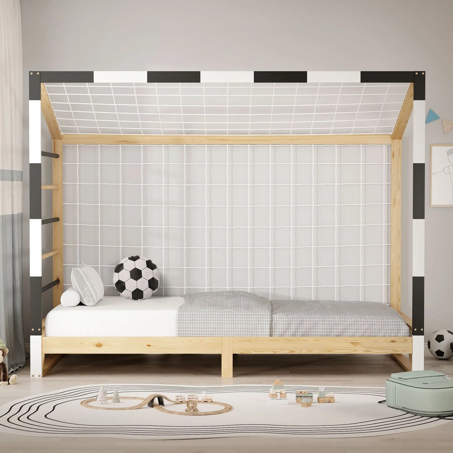 Kinderbett Fußballtor 90x200 cm aus hellem Kiefernholz, schwarz-weiße Pfosten, mit Netz. Für Kinder.