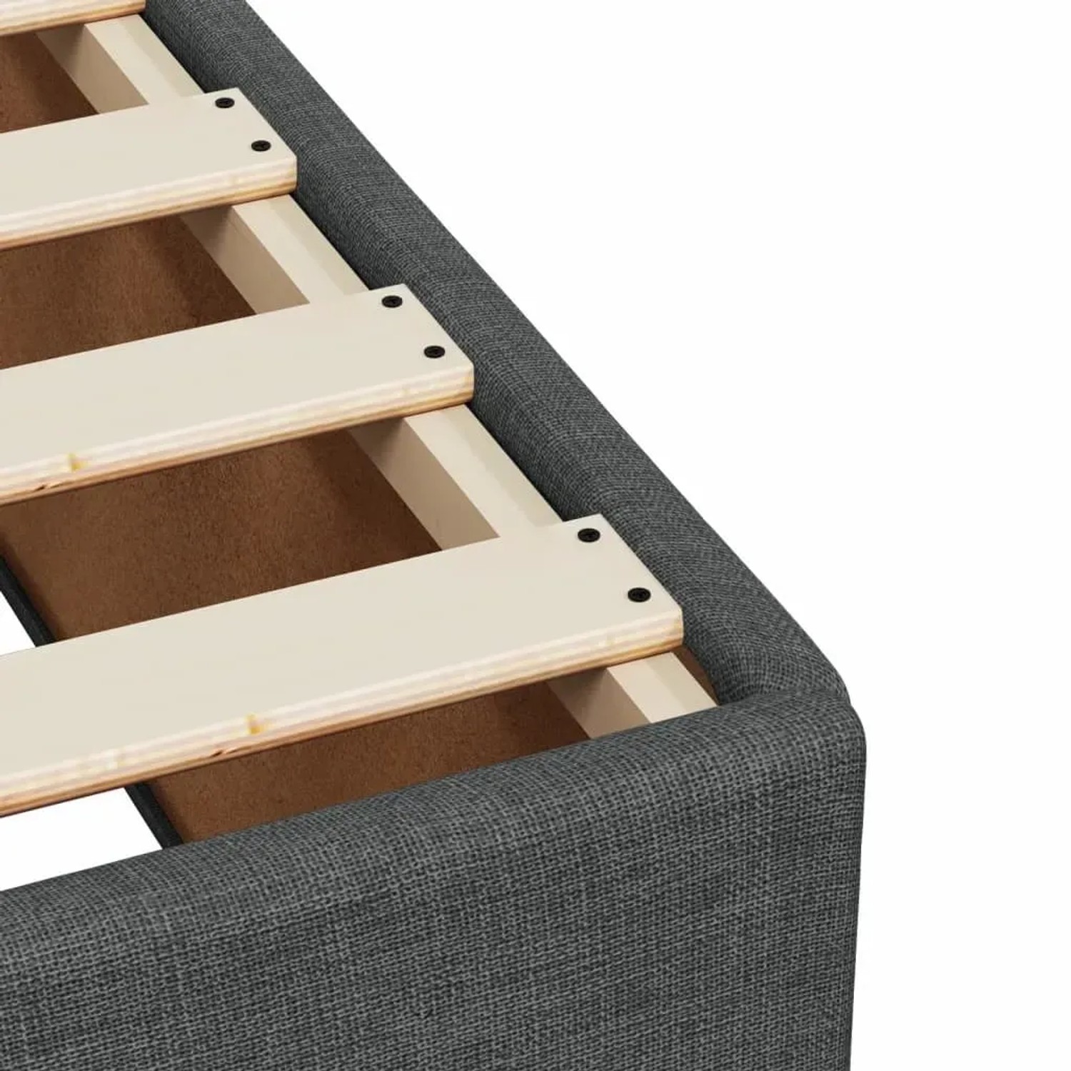 Detailansicht Boxspringbett vidaXL, dunkelgrauer Stoffbezug, Holzlattenrost.
