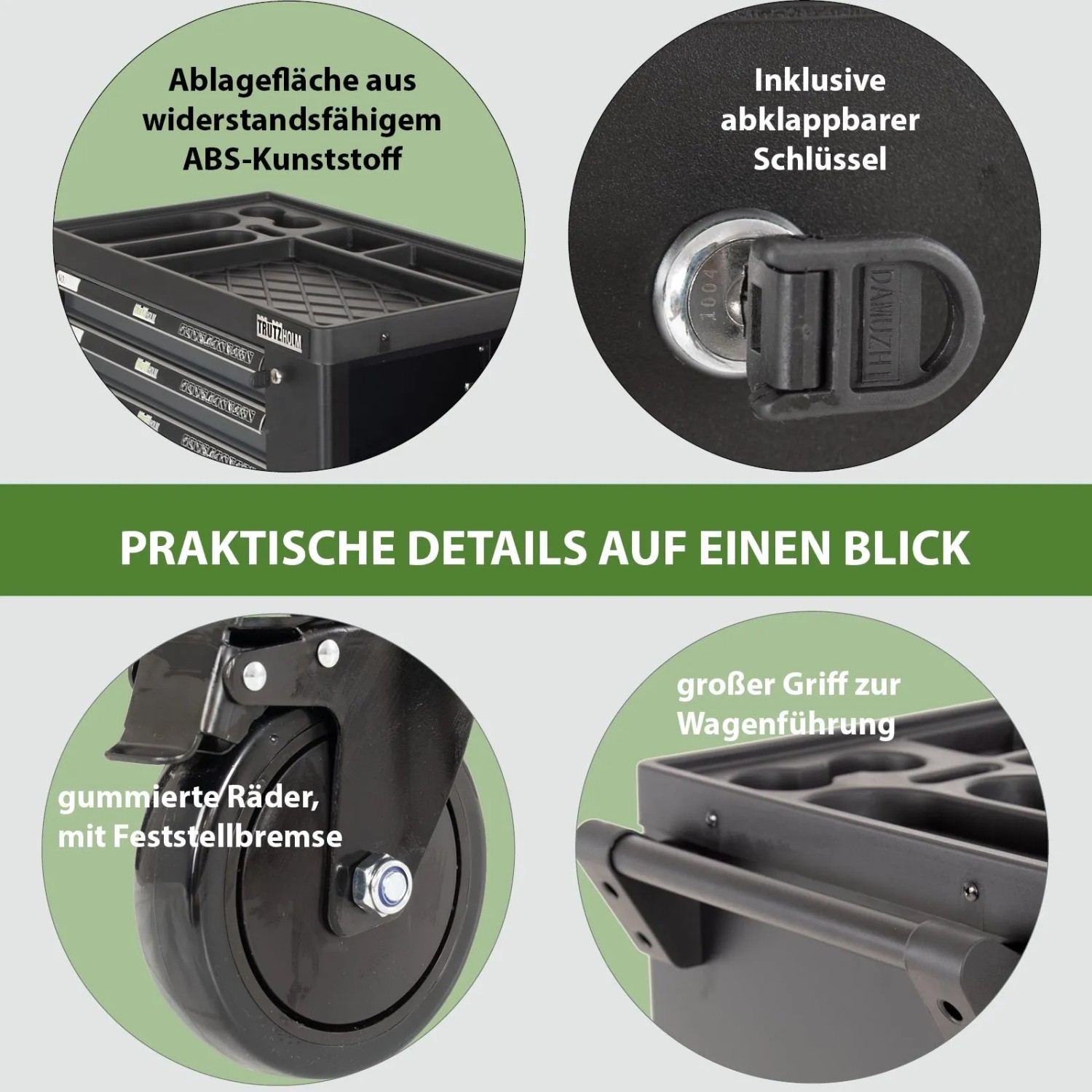 Details des TRUTZHOLM Werkzeugwagens: Ablage, Schlüssel, Räder mit Bremse, Griff.