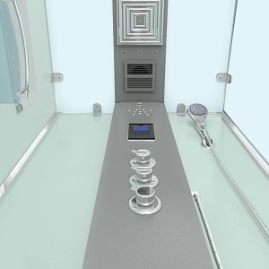 Innenansicht AquaVapore Dampfdusche D38-20L3-EC 100x100 mit Armaturen und Bedienelementen.