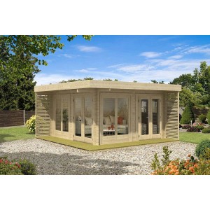 Unbehandeltes Alpholz Gartenhaus Viva A mit Flachdach und Anbaudach im Garten.