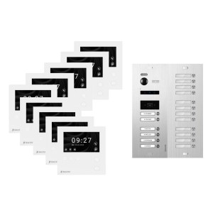 Balter Evo-HD-Mini Video Türsprechanlage für 18 Familien, mit Monitoren und silberner Türstation.