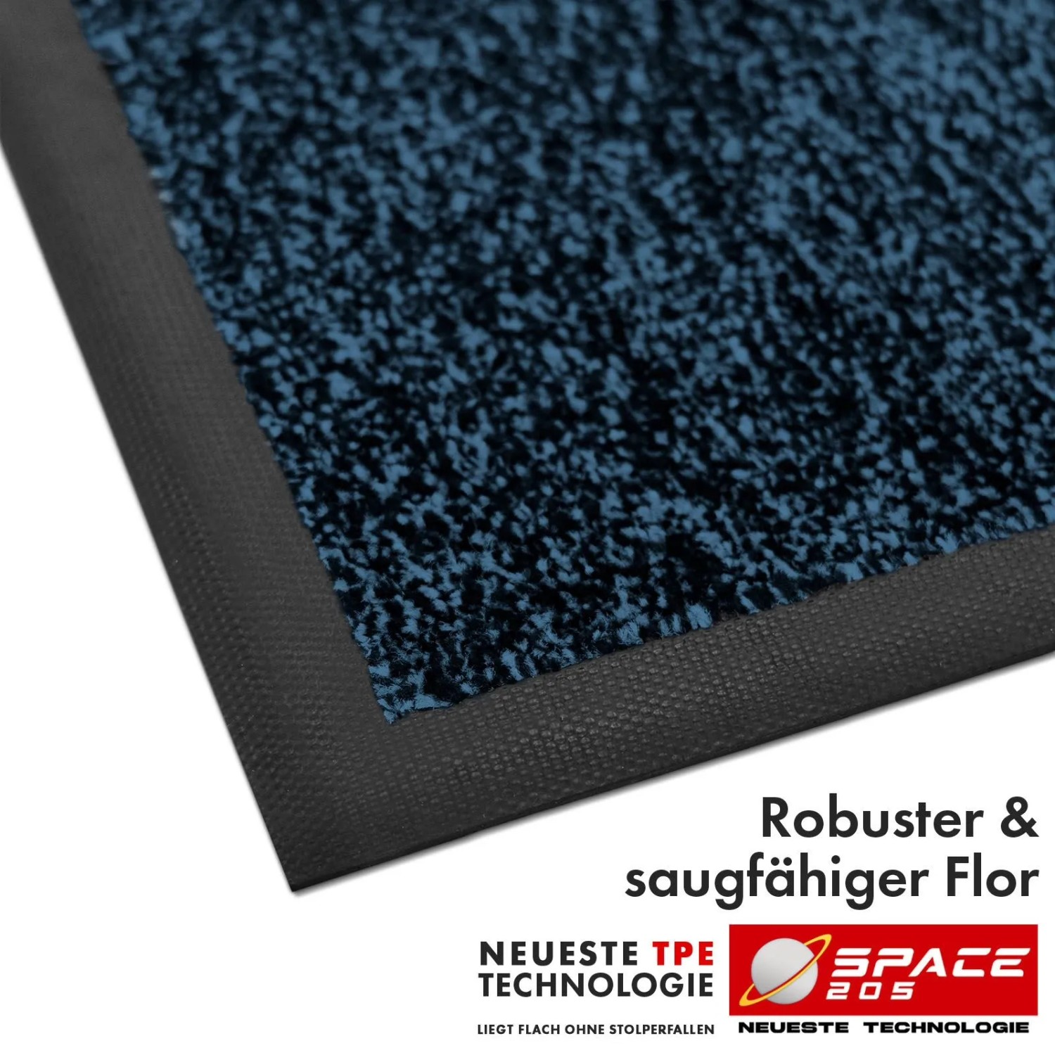 Blaue Floordirekt Schmutzfangmatte Space 205 mit schwarzem TPE-Rand. Rutschfeste Fußmatte mit robustem, saugfähigem Flor.