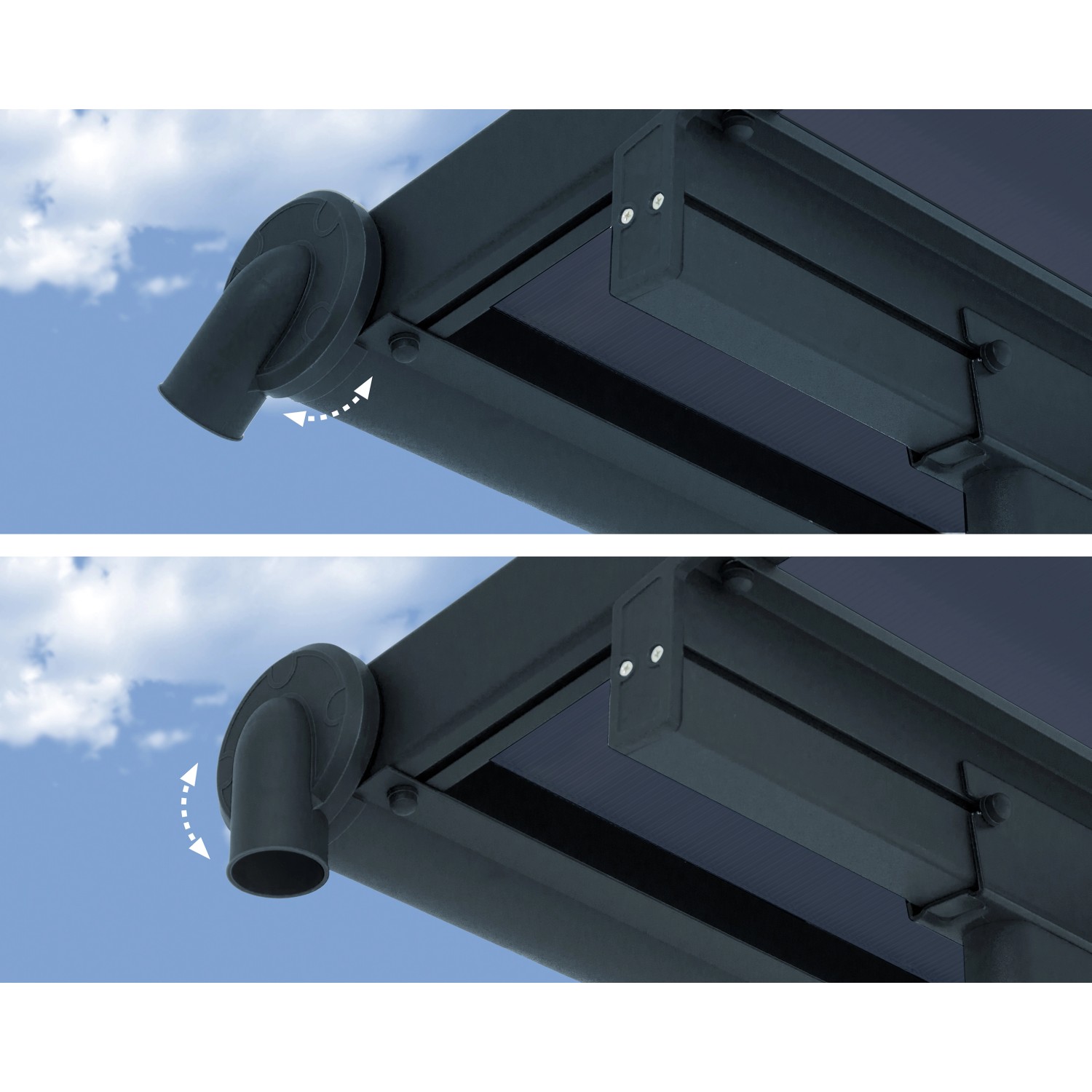 Detailaufnahme der Regenrinne der Canopia Terrassenüberdachung Capri in Anthrazit Grau.