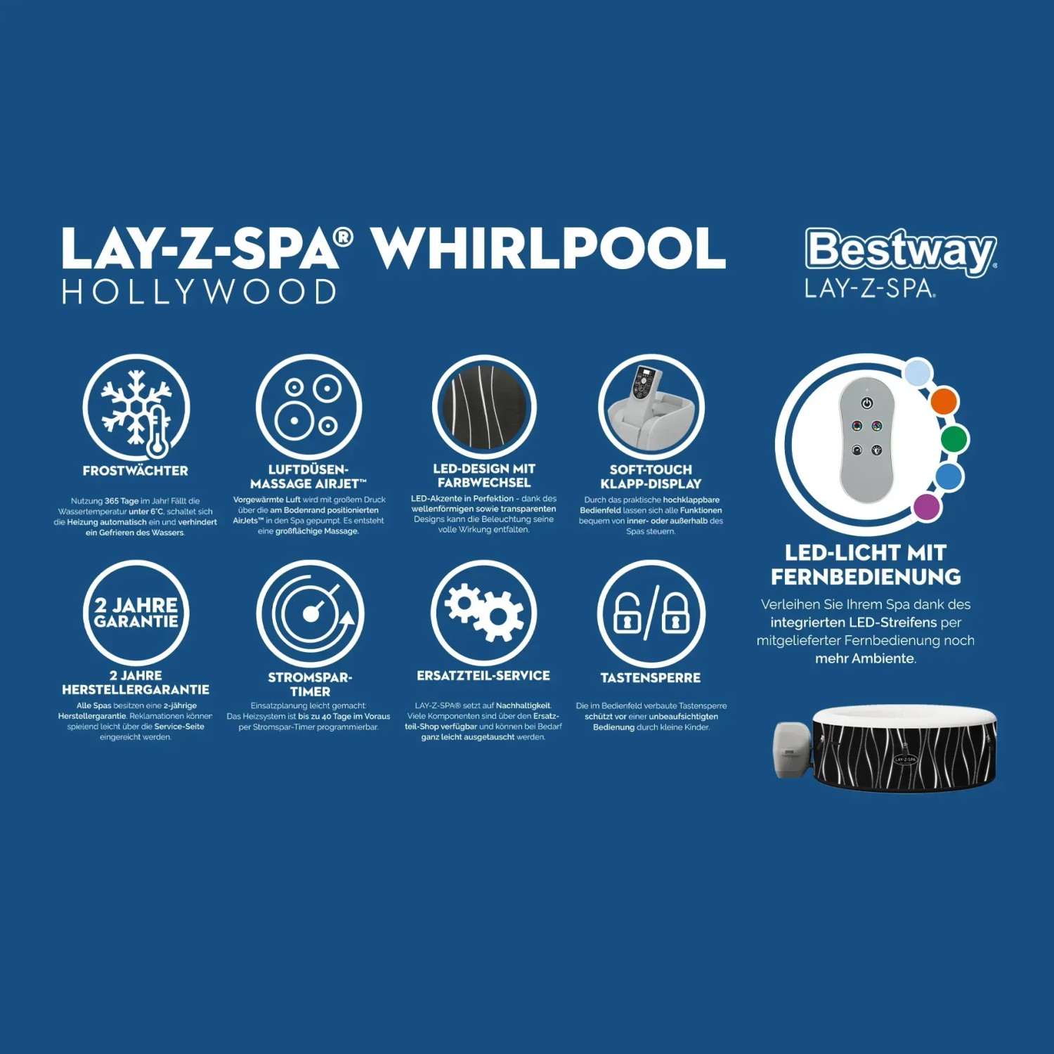 Bestway Lay-Z-Spa Hollywood: Aufblasbarer Whirlpool mit LED-Beleuchtung und Fernbedienung.