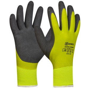 Gebol Winter Extreme Arbeitshandschuhe, schwarz-neongelb, mit Latex-Beschichtung für sicheren Griff bei Kälte.