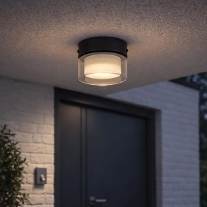 Moderne QAZQA Deckenleuchte Puck in Schwarz mit Rauchglas, geeignet für Innen- und Außenbereiche.