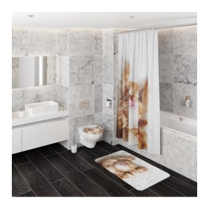 Badezimmer mit Sanilo WC-Sitz Lilly (Holz), Duschvorhang und Badteppich mit Katzenmotiv.