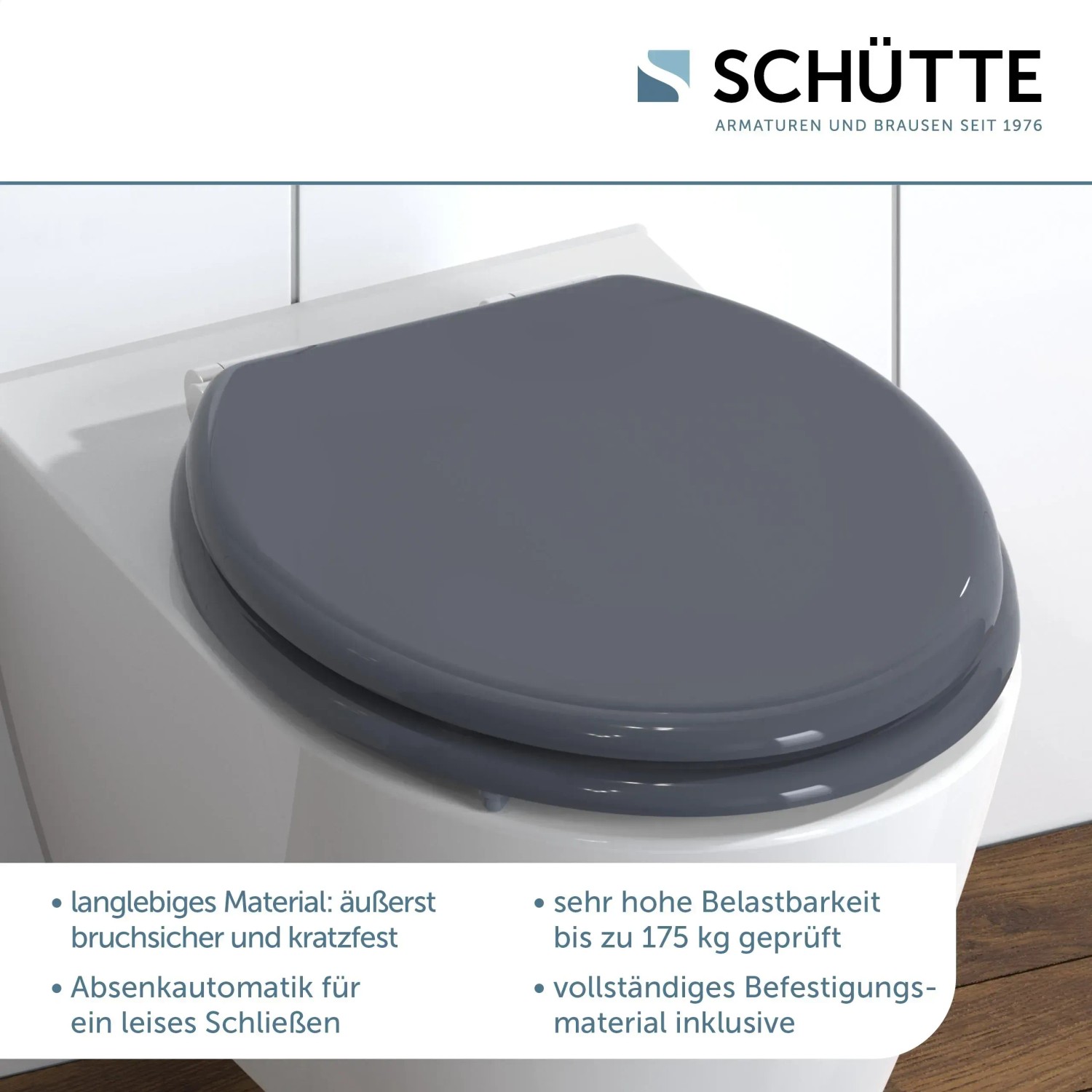 Schütte WC-Sitz Spirit Anthrazit mit Absenkautomatik auf einem WC-Becken.