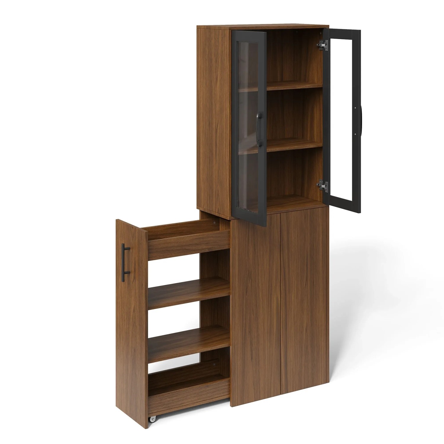 Merax Nischenschrank 60x30x180 cm Glastüren Ausziehbarer Vorratswagen 4 Ebenen