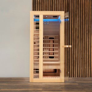 Redsun Deluxe Infrarotkabine aus Tannenholz, naturbelassen, für 1 Person mit Glasfront und Innenleben.