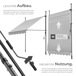 Tectake Klemmmarkise  Mit Handkurbel Uv Beständig 150 x 180 cm 180 x 150 x 304 cm Hellgrau