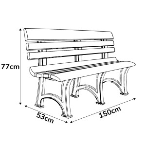 Skizze der weißen BICA Olimpia 3-Sitzer Gartenbank mit Maßangaben.
