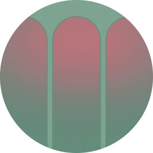 Runde, selbstklebende Tapete mit Grafik in Grün und Rosa, 125 cm Durchmesser.