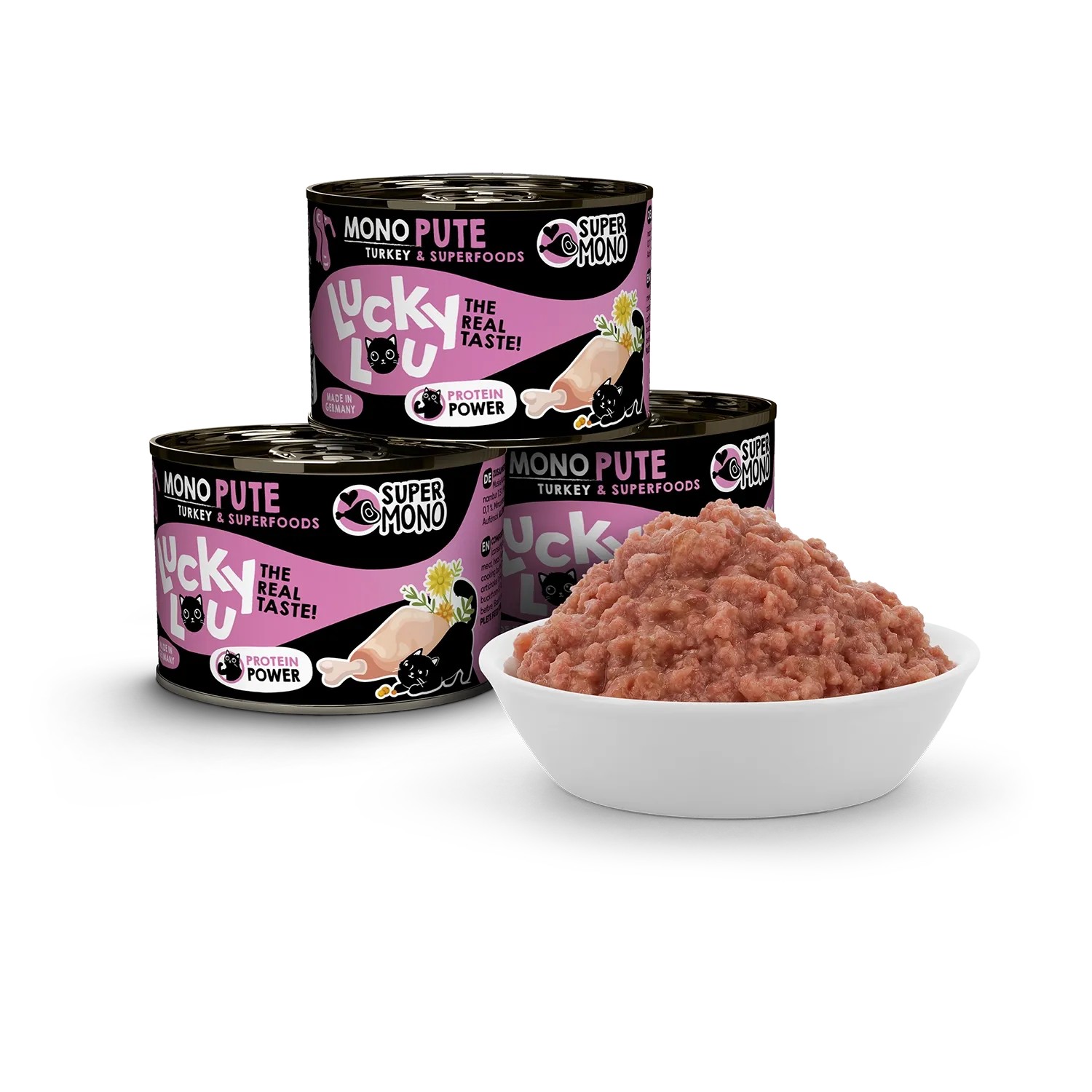 Lucky Lou Katzen-Nassfutter Pute, 200g Dosen und Schale mit Futter.