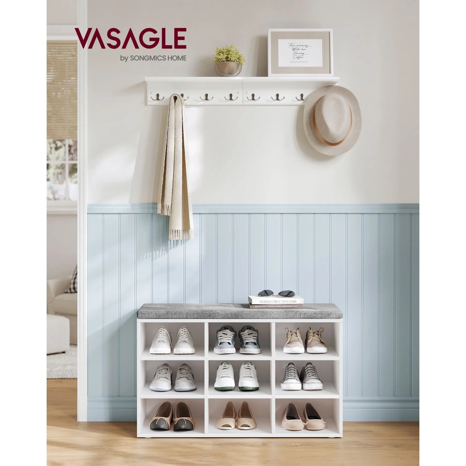 Vasagle Schuhbank mit Sitzfläche, weiß-grau, bietet Platz für 9 Paar Schuhe. Schuhregal für Flur und Diele.