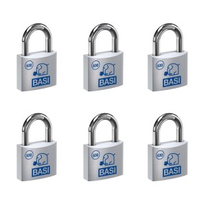 6er Set Basi Vorhangschlösser, 60mm, verschiedenschließend, mit je 2 Schlüsseln, Aluminiumgehäuse.