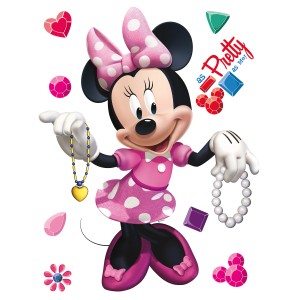 Disney Wandtattoo: Minnie Maus in Rosa, Schwarz und Weiß mit Schmuck und Deko-Elementen.