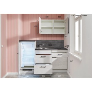 Pino Küchenzeile 180 cm in Pastellblau mit Geräteschrank links, inklusive Spüle, Kochfeld und Kühlschrank.