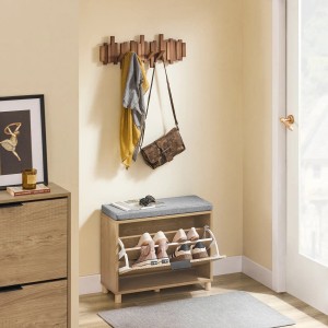 Moderne SoBuy Schuhbank in Sonoma Eiche mit grauem Sitzkissen, offenem Klappfach für Schuhe im Flur.