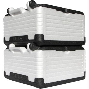 Zwei Flip-Box Classic Thermoboxen (23 l) in Weiß und Schwarz, gestapelt. Klappbare Aufbewahrungsbox für Lebensmittel.