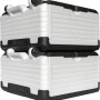 Zwei Flip-Box Classic Thermoboxen (23 l) in Weiß und Schwarz, gestapelt. Klappbare Aufbewahrungsbox für Lebensmittel.