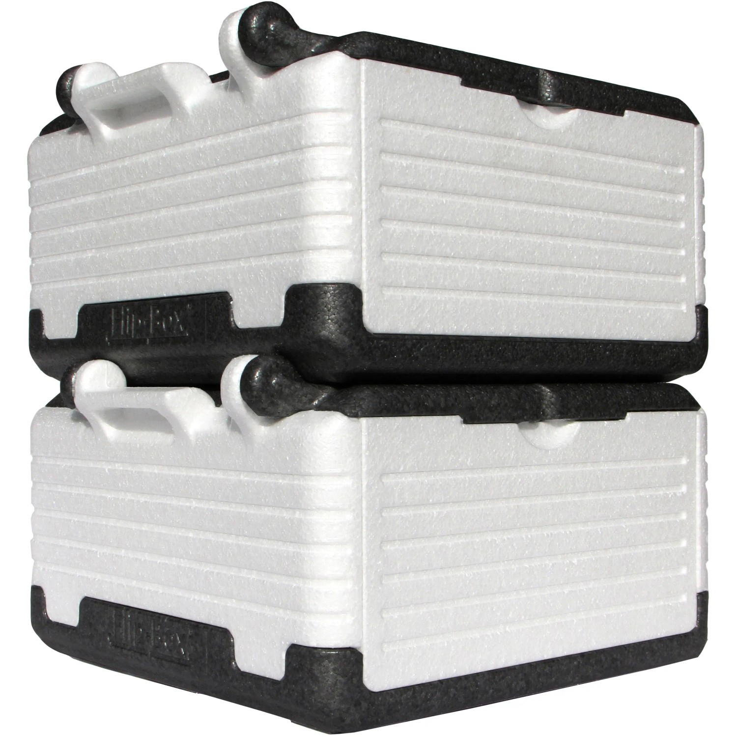 Zwei Flip-Box Classic Thermoboxen (23 l) in Weiß und Schwarz, gestapelt. Klappbare Aufbewahrungsbox für Lebensmittel.