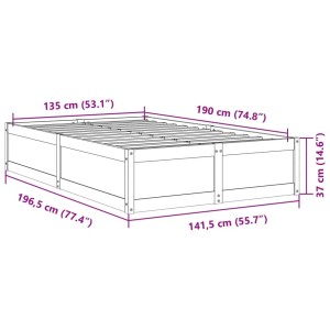 vidaXL Massivholzbettgestell Kiefernholz 135x190 cm, unbehandelt. Techn. Zeichnung mit Maßen 196,5x141,5x37 cm.