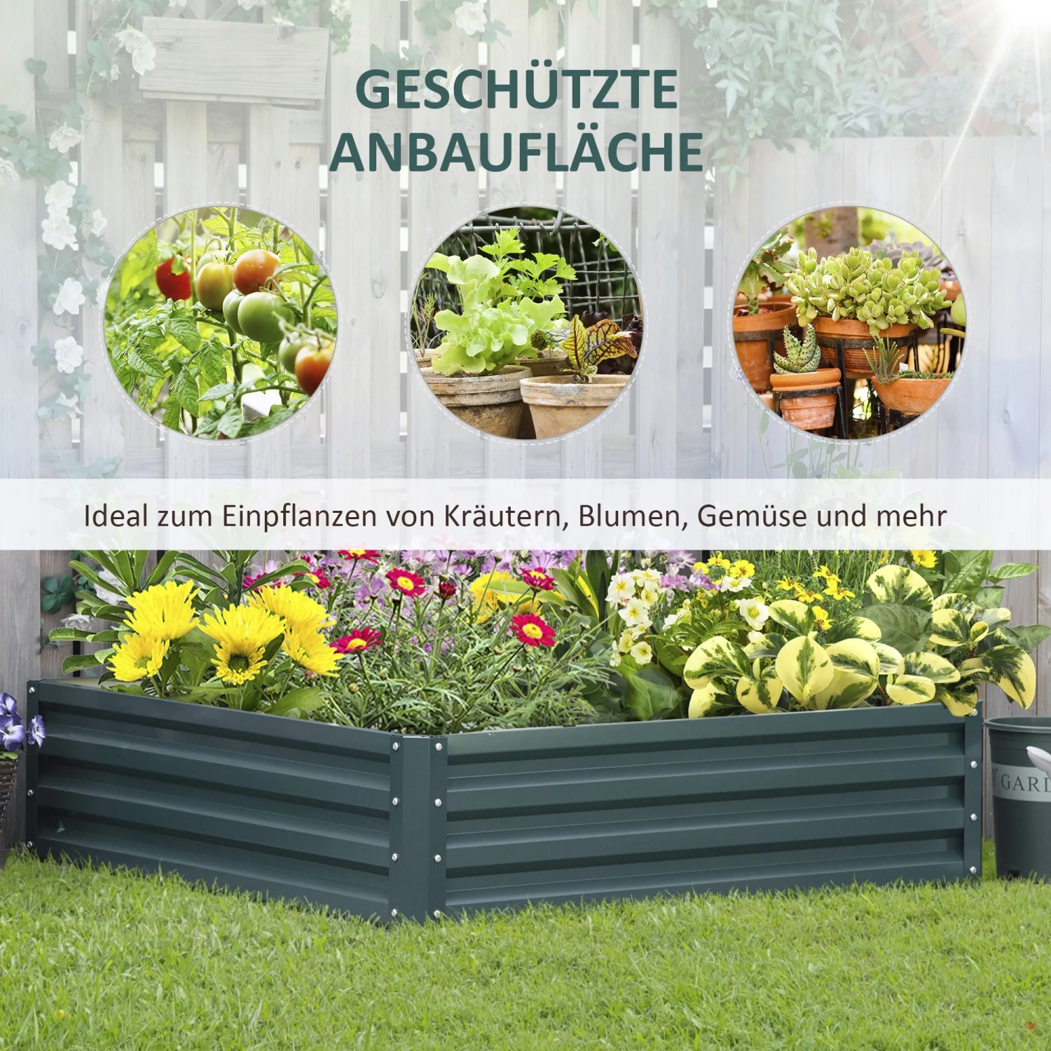 Outsunny Garten-Bett aus verzinktem Stahl, bepflanzt mit Blumen und Kräutern.