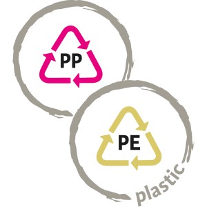 Recycling-Symbole für PP und PE Kunststoff, aus dem der Scheurich Smilla Blumensprüher gefertigt ist.