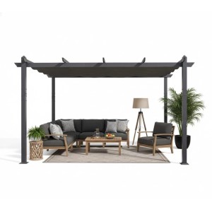 Graue Aluminium Pergola mit ausziehbarem Schiebedach über Outdoor-Lounge. Perfekter Sonnenschutz für Garten & Terrasse.