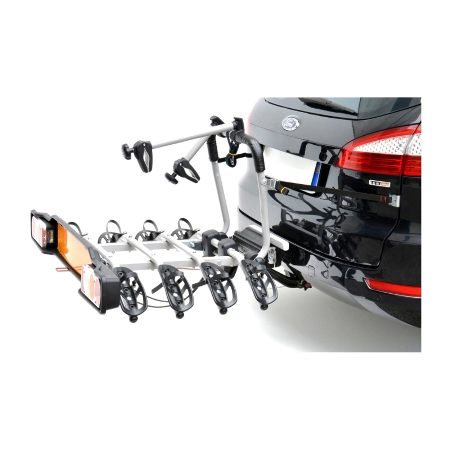 Peruzzo Fahrradträger Parma für 4 Fahrräder an der Anhängerkupplung montiert.