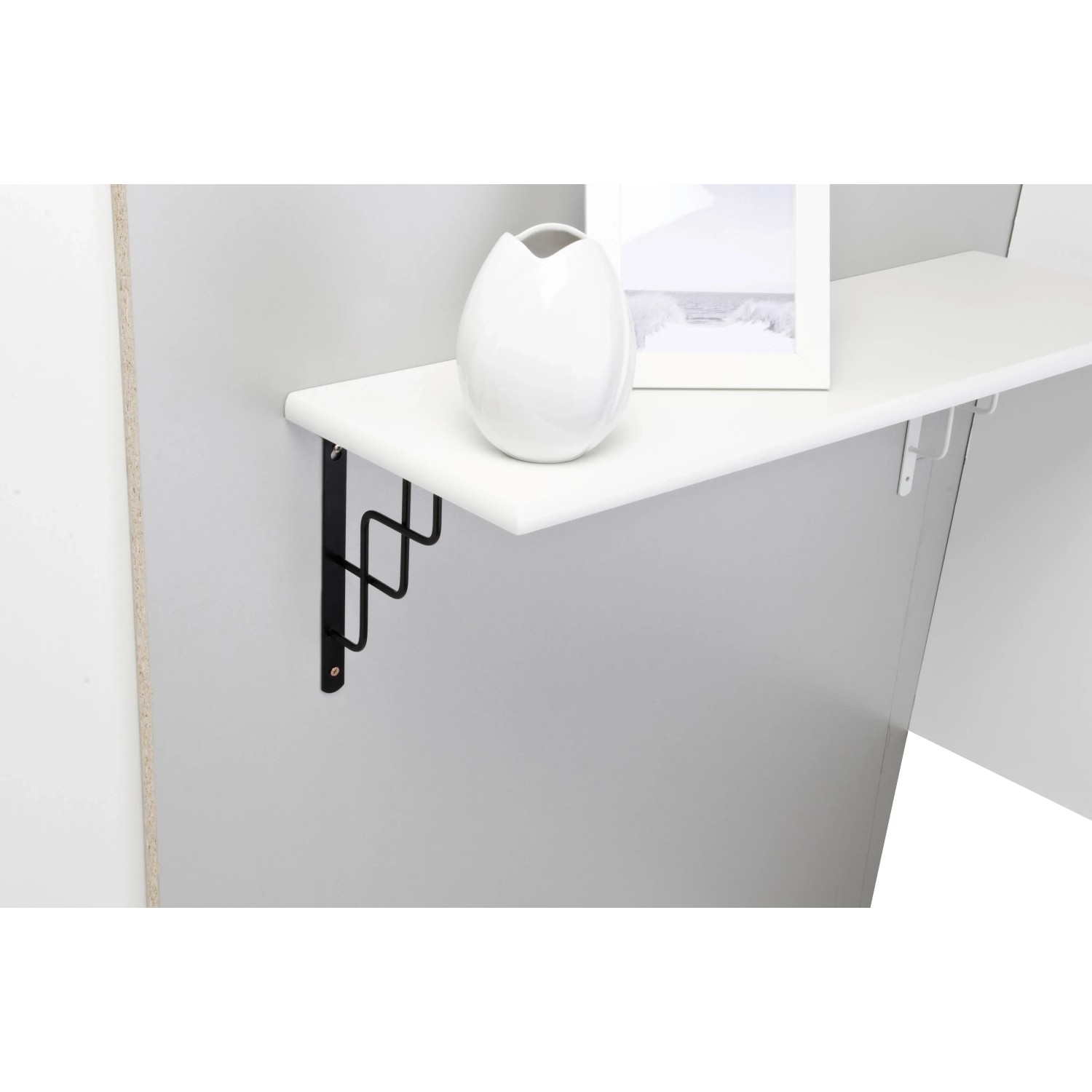 Schwarze OBI Konsole Roxy (230x180mm) mit weißem Regalbrett an grauer Wand.
