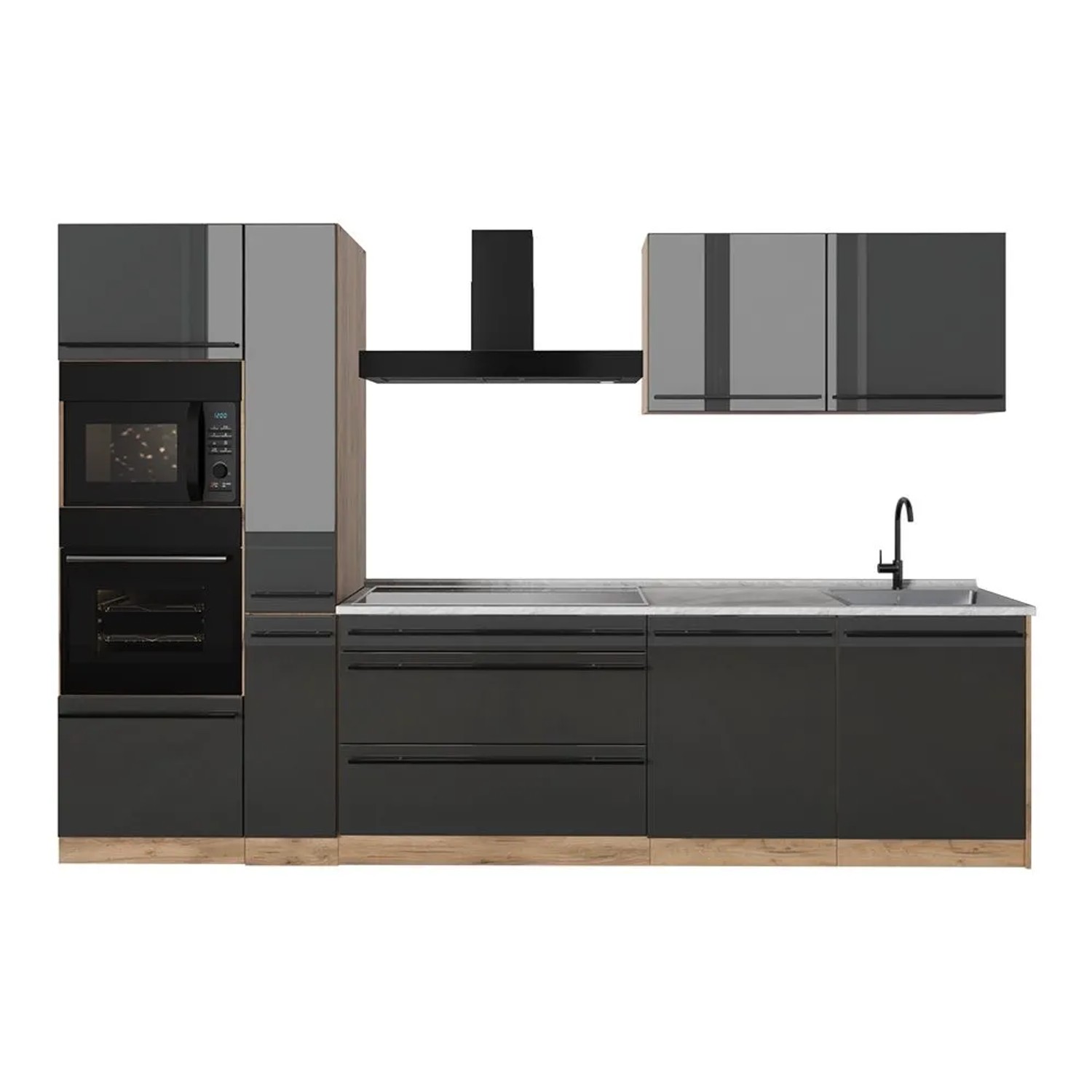 Vicco Küchenzeile R-Line Anthrazit Hochglanz/Goldkraft Eiche 310 x 207 Arbeitsplatte Marmor Art Nr 66439