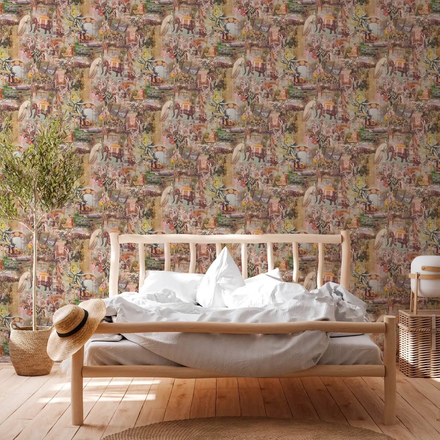 PROFHOME Dschungel Tapete in Grün, Braun, Gelb und Weiß mit Elefanten und Palmen im Schlafzimmer.
