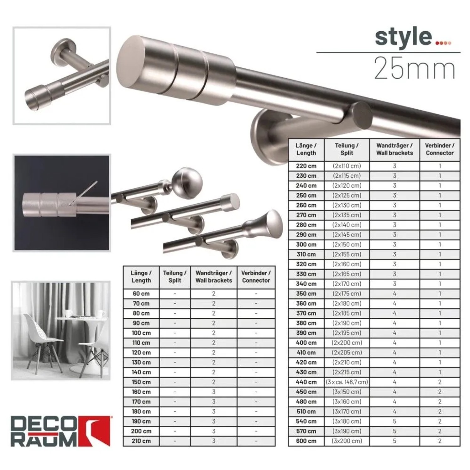 Deco-Raum Gardinenstange nach Maß 1-Lauf Zylinder Ø 25mm Edelstahl-optik 120cm