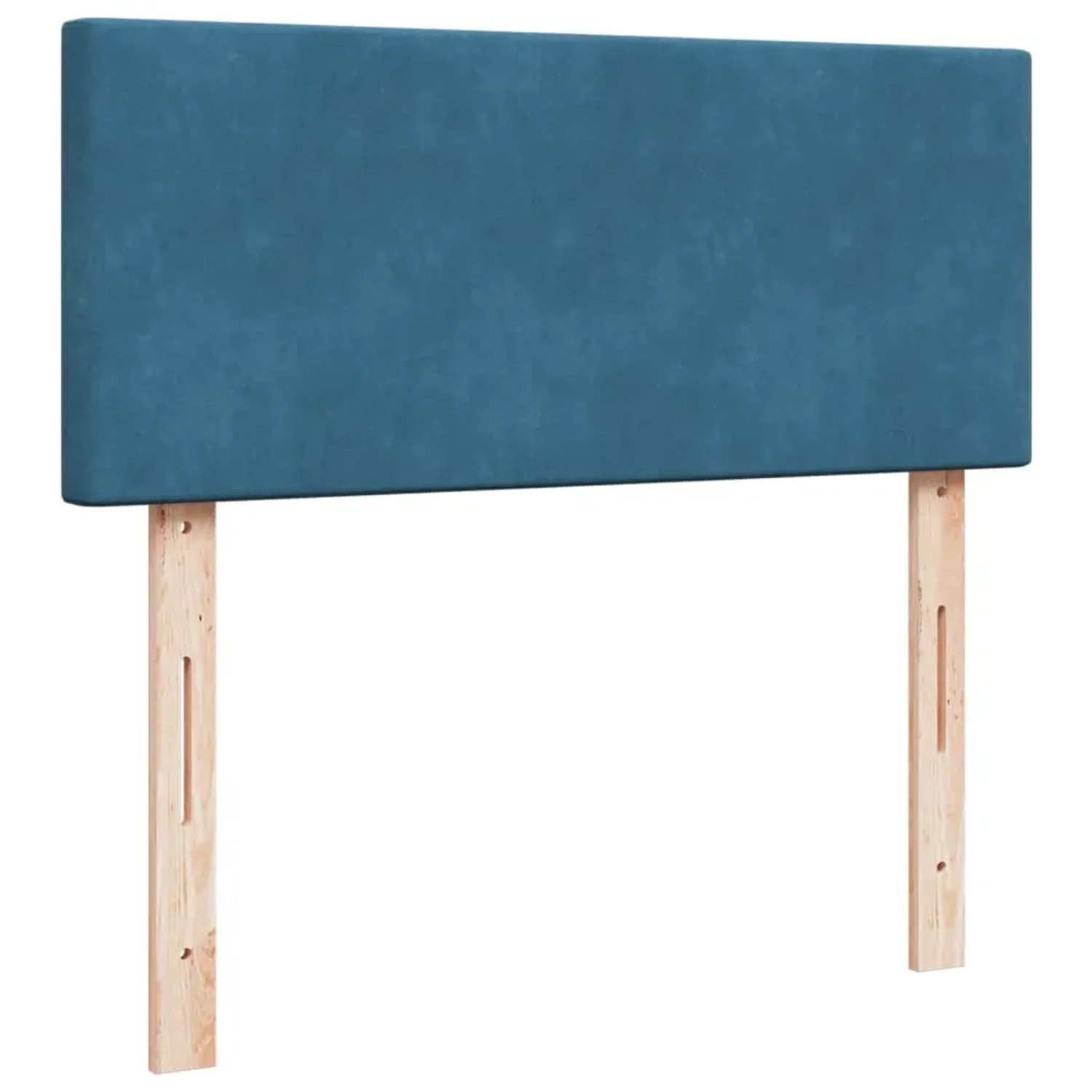 Dunkelblaues vidaXL Boxspringbett Kopfteil aus Samt mit Holzfüßen.