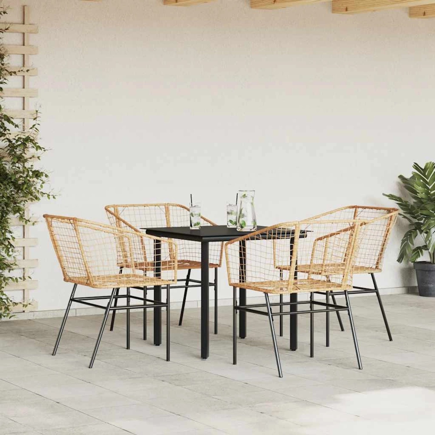 5-teiliges Garten-Esszimmerset aus Poly Rattan mit Glasplatte, bestehend aus 4 Stühlen und 1 Tisch.