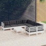 Weißes 9-tlg. Garten Lounge Set aus Kiefernholz mit anthrazitfarbenen Kissen.