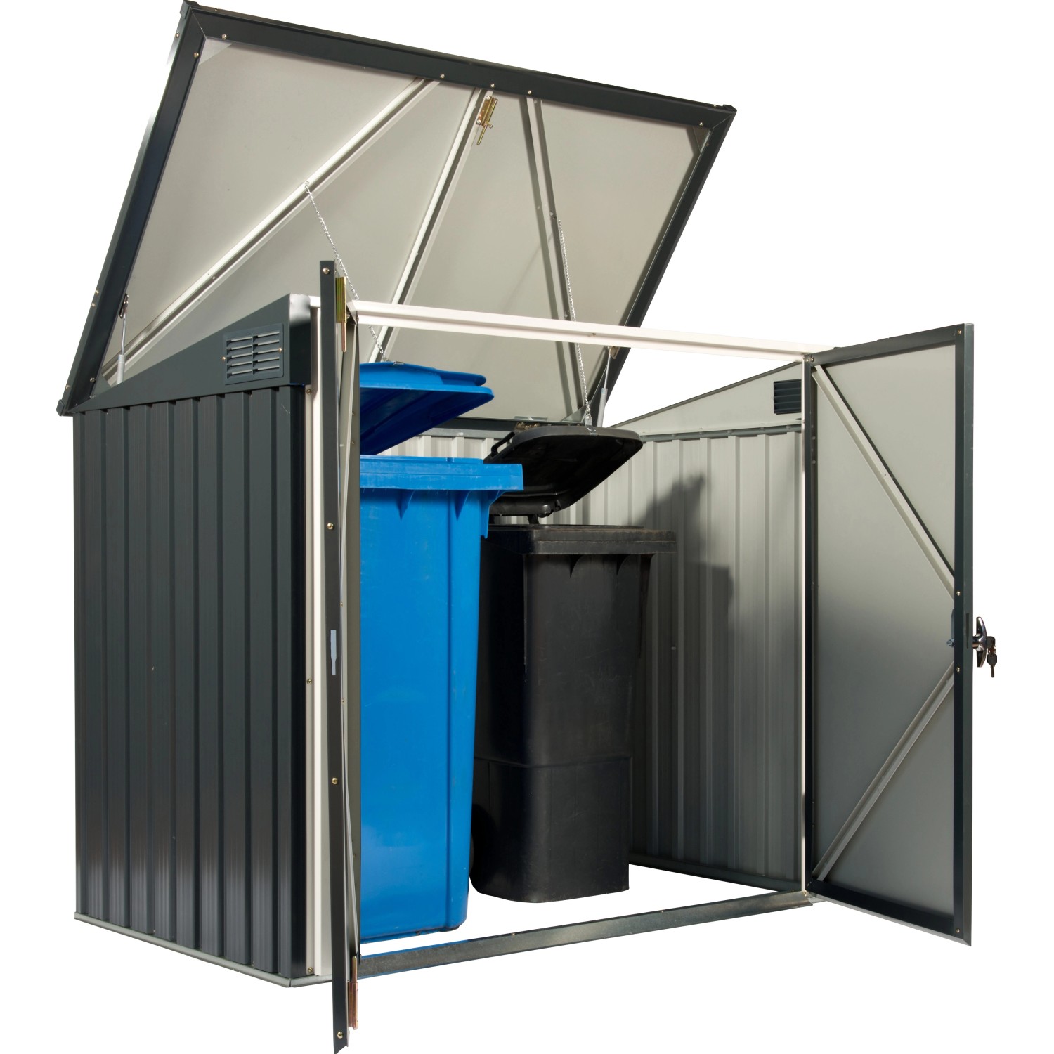 Duramax Mülltonnenbox, anthrazit/weiß, für 2 Tonnen. Abschließbar, mit Deckelöffnung.