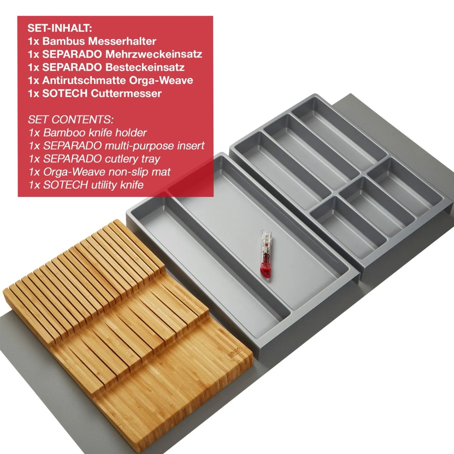 SOTECH ORGA-BOX Vario SET 1 Silbergrau für 120er Schublade Mehrzweckeinsatz Messerhalter Besteckeinsatz Antirutschmatte Orga-Weave_5