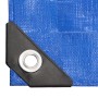 Nahaufnahme einer blauen, wasserdichten Abdeckplane mit silberner Alu-Öse in verstärkter schwarzer Ecke.